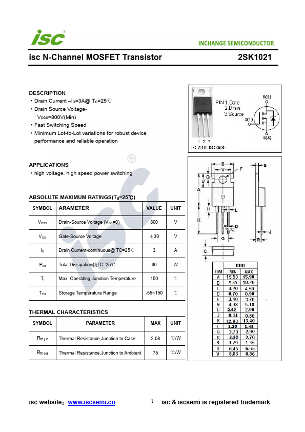 2SK1021 Inchange Semiconductor