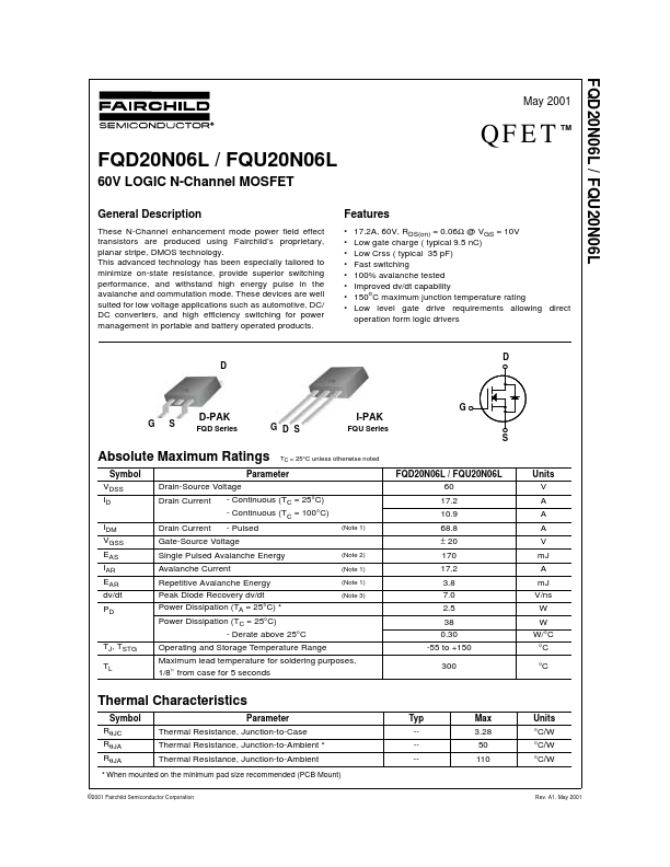 FQU20N06L Fairchild Semiconductor