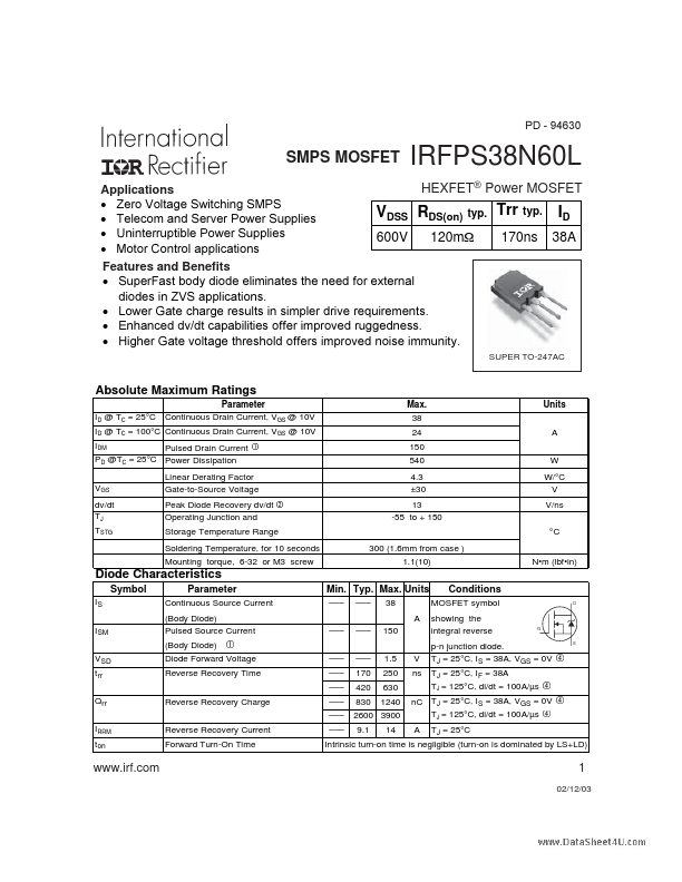 IRFPS38N60L International Rectifier