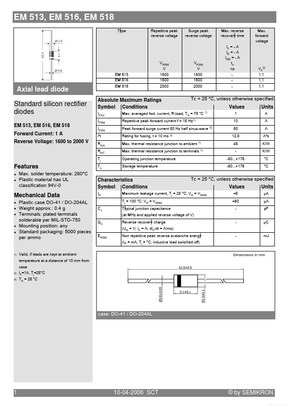 EM513 diode Datasheet pdf - lead diode. Equivalent, Catalog