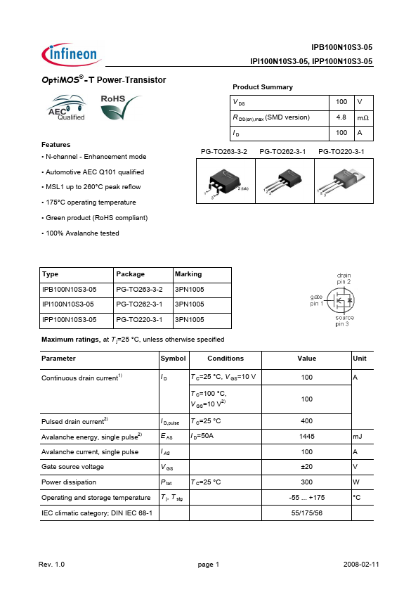 <?=IPP100N10S3-05?> डेटा पत्रक पीडीएफ