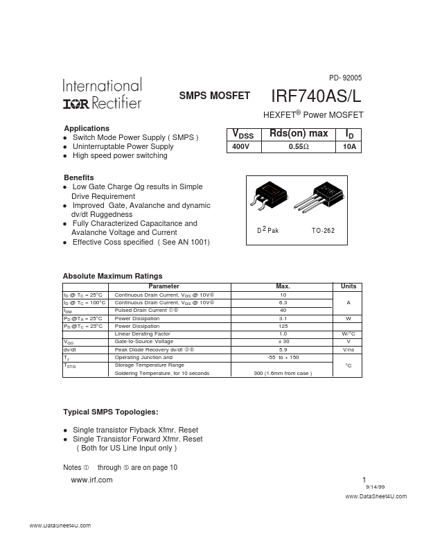 <?=IRF740AL?> डेटा पत्रक पीडीएफ