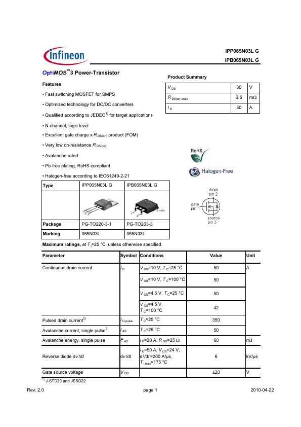 IPB065N03LG Infineon Technologies