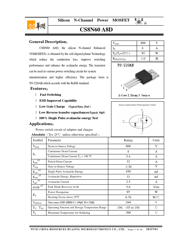 CS8N60A8D Huajing Microelectronics