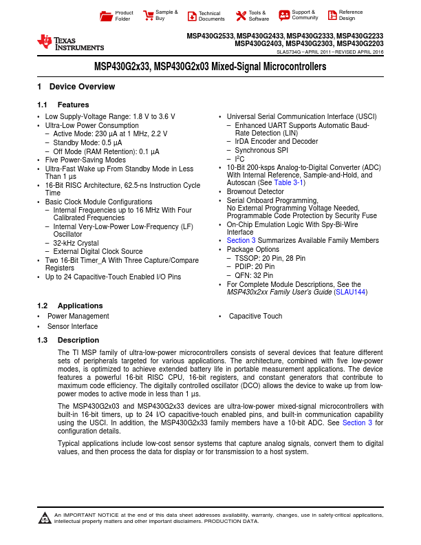 <?=MSP430G2433?> डेटा पत्रक पीडीएफ