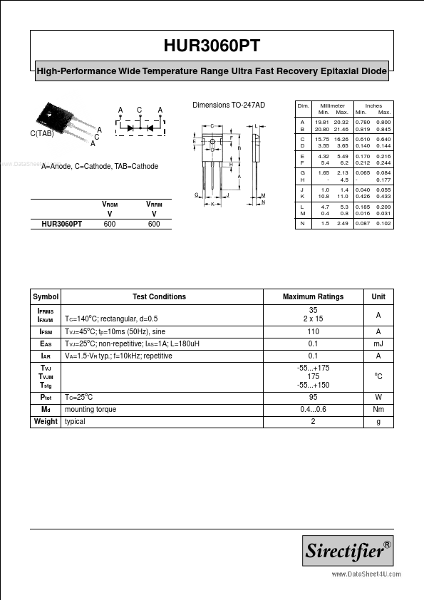 HUR3060PT Sirectifier Semiconductors