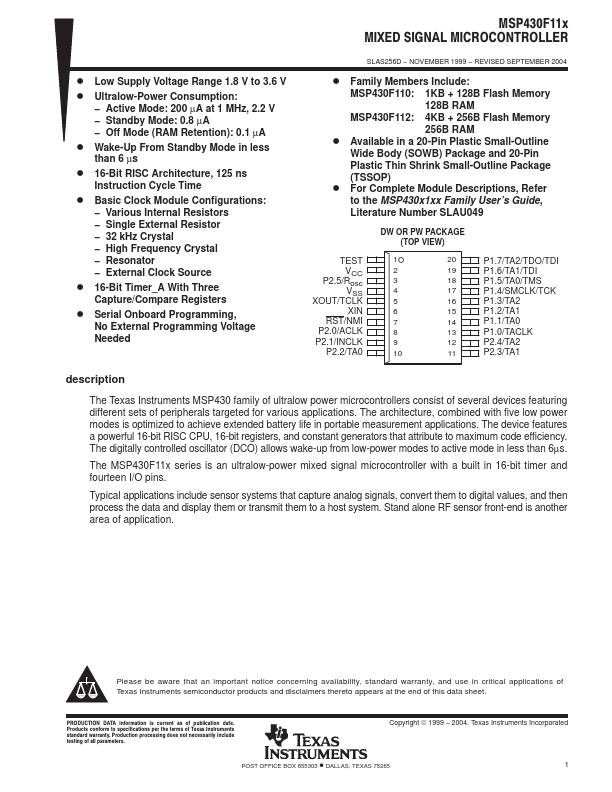 <?=MSP430F112?> डेटा पत्रक पीडीएफ