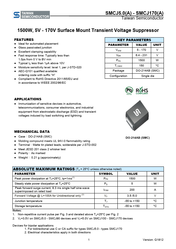 SMCJ75 Taiwan Semiconductor Company