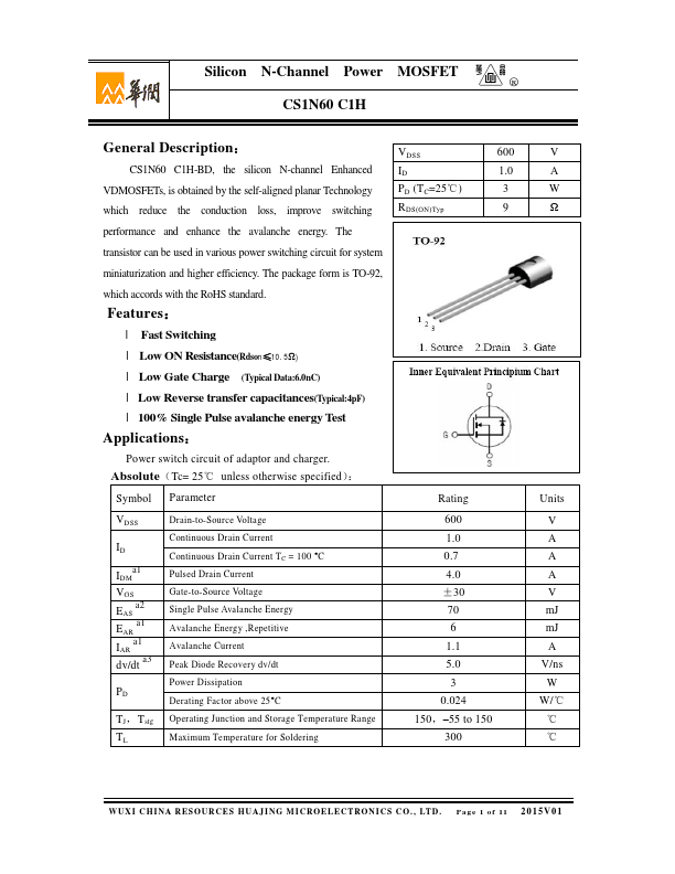 CS1N60C1H Huajing Microelectronics