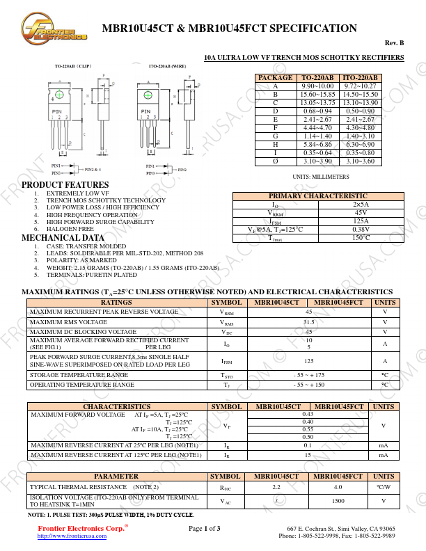 MBR10U45FCT Frontier Electronics