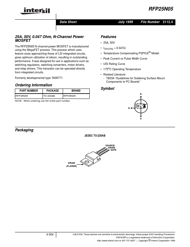 RFP25N05 Intersil Corporation