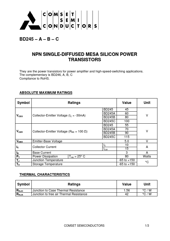BD245A Comset Semiconductors