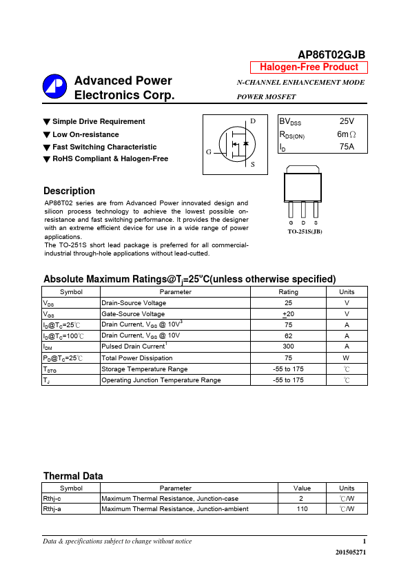 AP86T02GJB Advanced Power Electronics