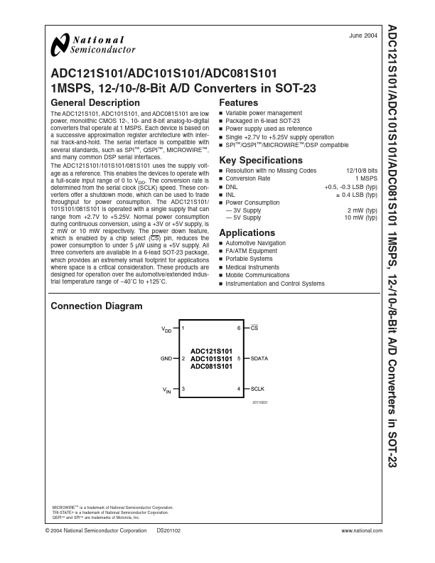 <?=ADC101S101?> डेटा पत्रक पीडीएफ