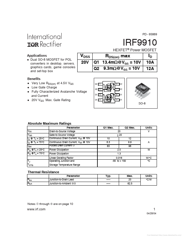 <?=IRF9910?> डेटा पत्रक पीडीएफ