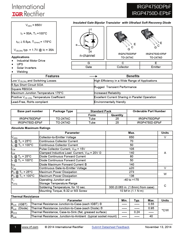 <?=IRGP4750D-EPbF?> डेटा पत्रक पीडीएफ