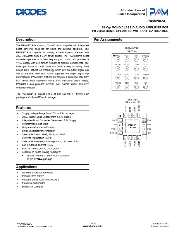 PAM8406 Series by Diodes Incorporated Datasheet